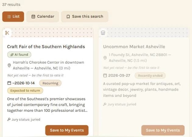 Search results for markets near a city, with dates, distance and deadlines