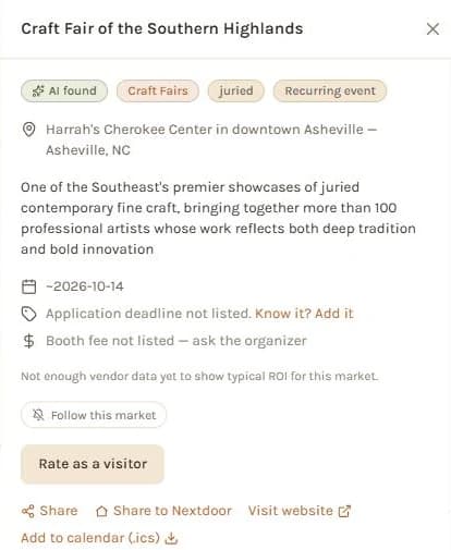 An event page with its dates, fees, application link and vendor ratings